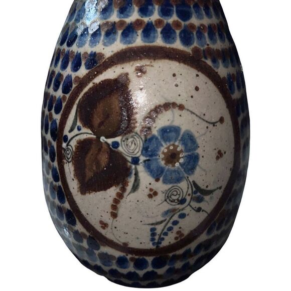 Antique Vtg Pottery Vase Mid Century Ceramic Floral Design Folk Art Decor Blue - Picture 8 of 8